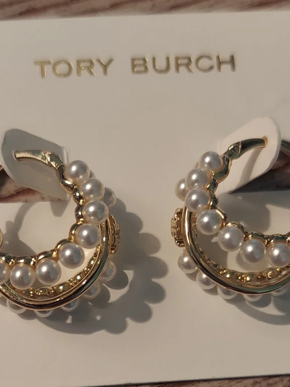 Tory Burch Gold Hoop Earrings with White Pearls
